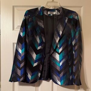 Kasper Chevron-Print Blazer in Blue, Teal & Black Size 10P